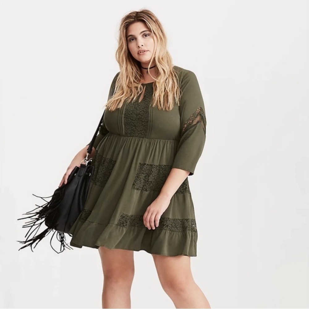 Super flattering Olive Green Lace Babydoll dress